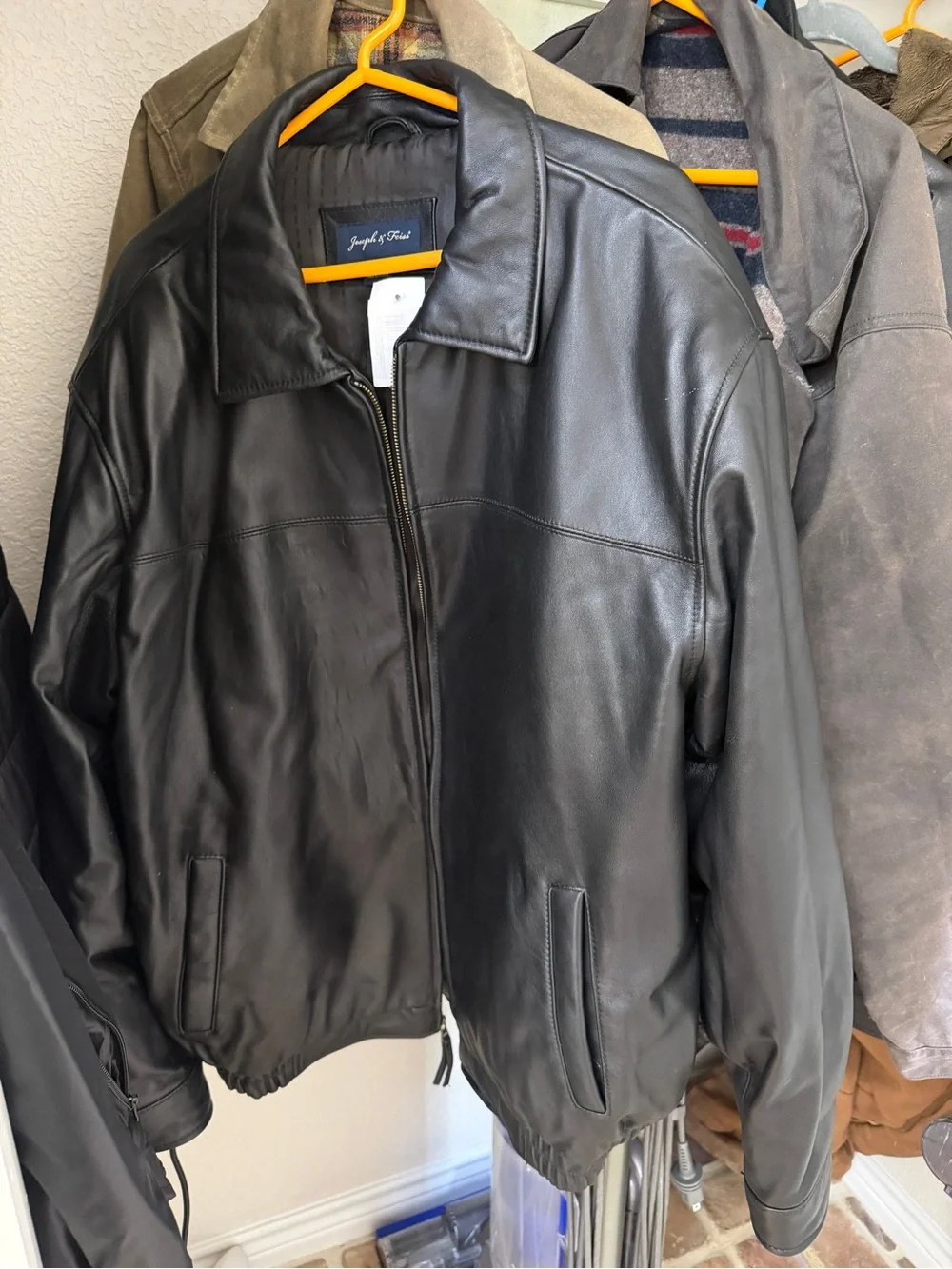 Joseph & Feiss Black Leather Bomber Jacket with Zip Front